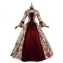 Women's Stand Collar Long Sleeve Flare Sleeve Vintage Floral Print Ball Gown Royal Court Maxi Dress S raudona
