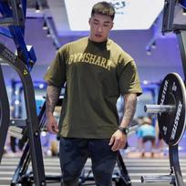 British Gym Shark Sports Fitness Loose Short-Sleeved T-Shirt Pure Cotton European and American Men and Women Sweat-Absorbent Breathable Top Army Green Shark XL Code (Weight 95-105kg)