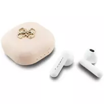 „Guess 4G Metal Logo“ tikros belaidės stereo Bluetooth 5.0 ausinės su įkrovimo dėklu – rožinė