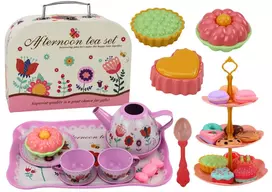 LEAN TOYS arbatos rinkinys lagamine – 15 dalių skardinis stalo indų komplektas su puodeliais, lėkštelėmis, pyragų stovu ir padėklu – rožinės, mėlynos, baltos gėlių spalvos – nešiojamas vaidmenų žaidimo žaislas vaikams nuo 3 metų