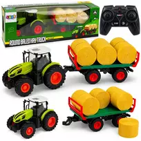 LEAN TOYS nuotoliniu valdymu valdomas ūkio traktorius su šieno rulių priekaba ir šviesomis 1:24