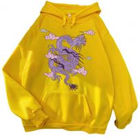 Moterų vyrų gobtuvas su gobtuvu Skrybėlė ilgomis rankovėmis Dragon Print Loose Keep Warm Megztinis Unisex pavasario džemperis Suaugusiųjų drabužiai S geltona