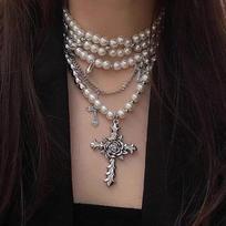 Retro Baroque Rose Flower Cross Pendant Choker Glass Pearl Beaded Multi-layer Fold Wear Necklace for Women Jewelry Accessories