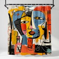 Abstract Face Art Shower Curtain, Modern Mid Century Colorful Graffiti Bathroom Decor, Picasso Style Fabric Bathroom Curtain W60H190(CM)-1 Pcs yellow