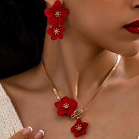 Exaggerated 3D Floral Spray Paint OT Buckle Alloy Necklace & Earrings raudona
