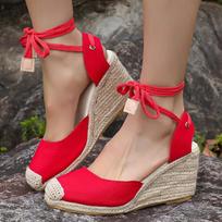 Espadrilės Pleišto Sandalai Moterims Vasara 2025 Uždara Nosies Kulno Dirželis Slingback Sandalai Moteris Komfortas Nėriniai Įvarstomi Laisvalaikio Sandaliai 35 raudona