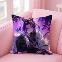 Demon Slayer Kimetsu No Yaiba Anime Pillow Case Anti-Dustmite Pillowcase Invisible Zipper Silky Short Plush Sofa Cushion Cover Peach skin 18*18(CM)-1Pcs