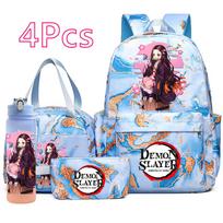 4 vnt./rinkinys Anime Demon Slayer spausdintas kuprinė, rankinė, pieštukinė su 750 ml vandens buteliuku paaugliams berniukams, mergaitėms, didelės talpos, vandeniui atsparus mokyklos krepšys