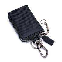 Luxury Men's Leather Key Wallet Carbon Fiber Style Zippered Key Bag for Car Keys, Perfect Gift for Him Father Husband Boyfriend