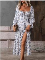 Square Neck Printed Skirt Split Dress Bohemia Backless Length Dress Elegant Long Sleeve Dresses Causal Women Dress XL auksas