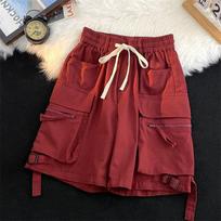 American High Street Hiphop Wide-leg Red Overalls Men's Retro Lazy Casual Couple Hip-hop Five-point Shorts Trend S raudona