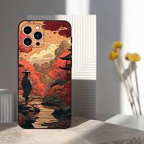 Japoniško meno stiliaus dėklas iPhone 11,12,15,14,13,16,17,Plus,Pro Max,XS,X,XR,SE,Mini,8,7,Minkštas silikonas, Juodas iPhone12