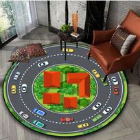 Kids City Road Map Play Round Area Rug Educational Car Track Town Floor Carpet Soft Non-Slip Interactive Game Circular Rug 80cm x 80cm