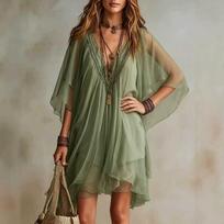 Summer Women V-neck Chiffon Dress Two-piece Set Spaghetti Strap Dress with Perspective Cover up Beach Skirt Beach Vacation XS žalia