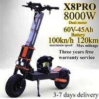 X8 Pro Dvigubo variklio 8000W Elektrinis paspirtukas Greitas pristatymas 60V 45AH Baterija Maksimalus greitis 80KM/H 13 colių Pločios visureigių padangos