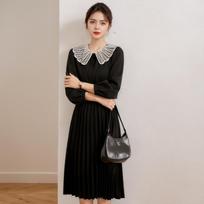 Spring New Contrasting Lace Collar Pleated Skirt with Sweet Temperament Waist-length Mid-length Dress for Women S juoda