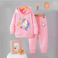 New Unicorn Suit Spring and Autumn Casual Cartoon Print Girls Hooded Sweatshirt Suit 4Y rožinė