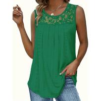 Women's Plus-size Sleeveless Lace Pleated Shirt Summer Shirt Tunic Top S tamsiai žalia spalva