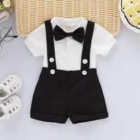 Mini Džentelmeno Apranga Naujagimiui Berniukui Formalūs Kostiumai Trumpomis Rankovėmis Marškiniai Su Peteliške + Kombinezonas Šortai Vasaros Mada 2 Vnt. Rinkinys 6-12M white