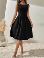 Round Neck Lace Solid Color Dress Waist Hugging Elegant Pearl Dress for Women Sleeveless Loose Dresses Causal Dress S juoda