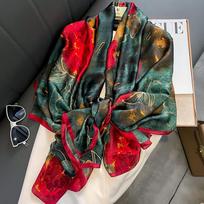BYSIFA|Dark Green Silk Scarf Ladies Spring Fall Winter Floral Large Size Long Scarves Wraps Summer Beach Shawl Cover-ups