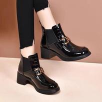 Fhanchu  New Chelsea Ankle Boots,High Heeled Botas,Round Toe Patent Leather Autumn/Winter Shoes,Size 35-40,Black,Dropship 35