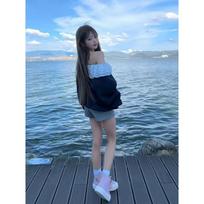Korean Girl's Patchwork Lace Lace  Sweatshirt for Women in Autumn Winter Off-the-shoulder Top S tamsiai mėlyna spalva