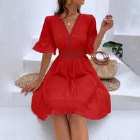 Women's Patchwork Lace Fashionable V-neck Waist Cinching Color Dress L raudona