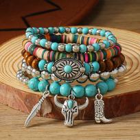 Boho Beaded Stack Bracelet Set, Multi-Layer Wood & Turquoise Bead Bracelet for Women, Bohemian Casual Beach Jewelry
