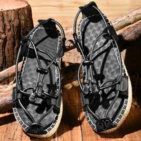 Men's Handmade Thickened Straw Flip-Flops: Retro Ethnic Style, Breathable Woven Roman Sandals for Summer. 44 black