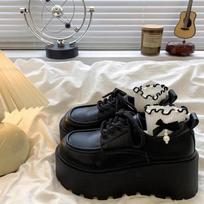 Women's Spring 2025 New Lace Up Thick Bottom Big Head Single Shoes Fashionable Retro Casual Waterproof Leather Shoes 35