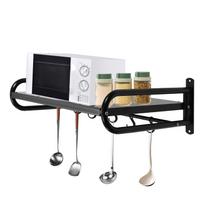 Wall-Mounted Microwave Rack, Carbon Steel Kitchen Storage Shelf with 6 Hooks, Oven Rack 53*38*18 cm, Load Capacity 30kg