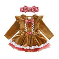 Baby Girl Christmas Outfit Gingerbread Man Long Sleeve Romper Dress Bow Headband 2 Piece Set 0-3M