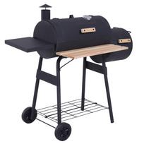 Portable Charcoal BBQ Grill, Cold-rolled Steel, Solid Wood, 104H x 124L x53W cm-Black 124 x 53 x 108 cm