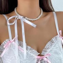 Trend Wedding Party Jewelry Long Black Ribbon Choker Necklace for Women Elegant White Imitation Pearl Beach Vacation Necklaces White