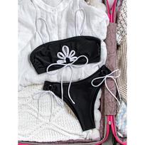Black White Contrast Bandeau Bikinis Sets String Lace-up Micro Thong Sexy Swimsuit Women Ladies Swimwear Hollow Out Bather S juoda