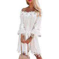 Lady Summer Dress Lace Stitching Off Shoulder Trumpet Sleeve Solid Color Hollow 3XL balta