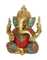 Metal God Idol Of Shri Ganesha Statue, Ganpati In Multicolor Stone Finishing
