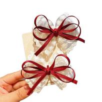 Girl Hairpin Hand-Sewn Embroidery Lace Ribbon Bowknot Decor Hair Clip Sweet Style Kids raudona