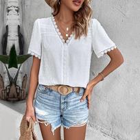 Women V Neck Lace Trim Pom Pom Short Sleeve Blouse Casual Summer Chiffon Top S balta