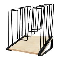 Reguliuojamas metalinis vielinis organizatoriaus stovas virtuvės spintelės stalviršio laikymui su mediniu pagrindu keptuvėms, dangčiams, lėkštėms, indams, kepimo formoms One Size black