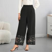 Women Elastic Waist Floral Lace Hem Wide Leg Pants S juoda