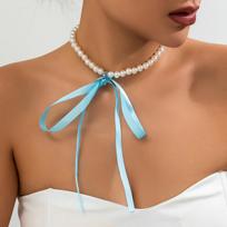 Retro Long Bow Clavicle Necklace with Lace Velvet and Pearls Standard