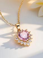 Female Crystal Zircon Pink Stone Love Heart Pendant Necklace Vintage Gold Color Wedding  For Women