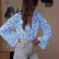Fashion Sexy Hollow Out See Through Mesh Lace Shirt Sweet Blouse Loose Casual Slim Long Sleeve Crochet Elegant Tops S mėlyna