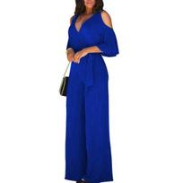 Office Lady Jumpsuit Summer Autumn Off Shoulder Lace-up Solid Color Half Sleeve V Neck Jumpsuit for Daily Wear XL karališkos mėlynos spalvos