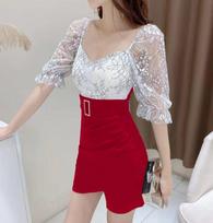 Summer new Korean version slim-fit lace splicing waist-wrapped hip-wrapped medium-sleeved splicing irregular dress S raudona