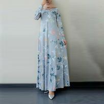 Women Retro Long Sleeve Leaf Printed Dress Round Neck Maxi Dresses XXXL mėlyna