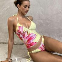 European & American Cross-Border Fashion Print Lace-Up Women's Split Tankini Swimsuit S šviesiai geltonos spalvos