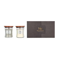 Woodwick Medium Hourglass Candle Set kvepiančių žvakių rinkinys (Fireside, 275 g + Linen, 275 g)